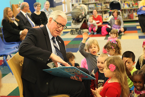 State Treasurer Don Stenberg reading to preschoolers at Eiseley Branch Library in Lincoln. Photos courtesy First National Bank of Omaha.