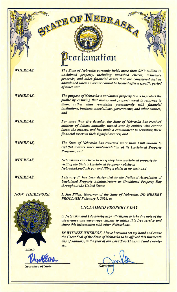 Governor's Proclamation - February 1, 2026 is Unclaimed Property Day